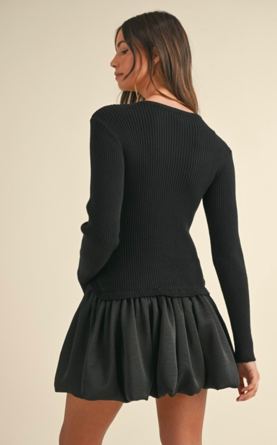 Black Ribbed Sweater Bubble Skirt Mini Dress