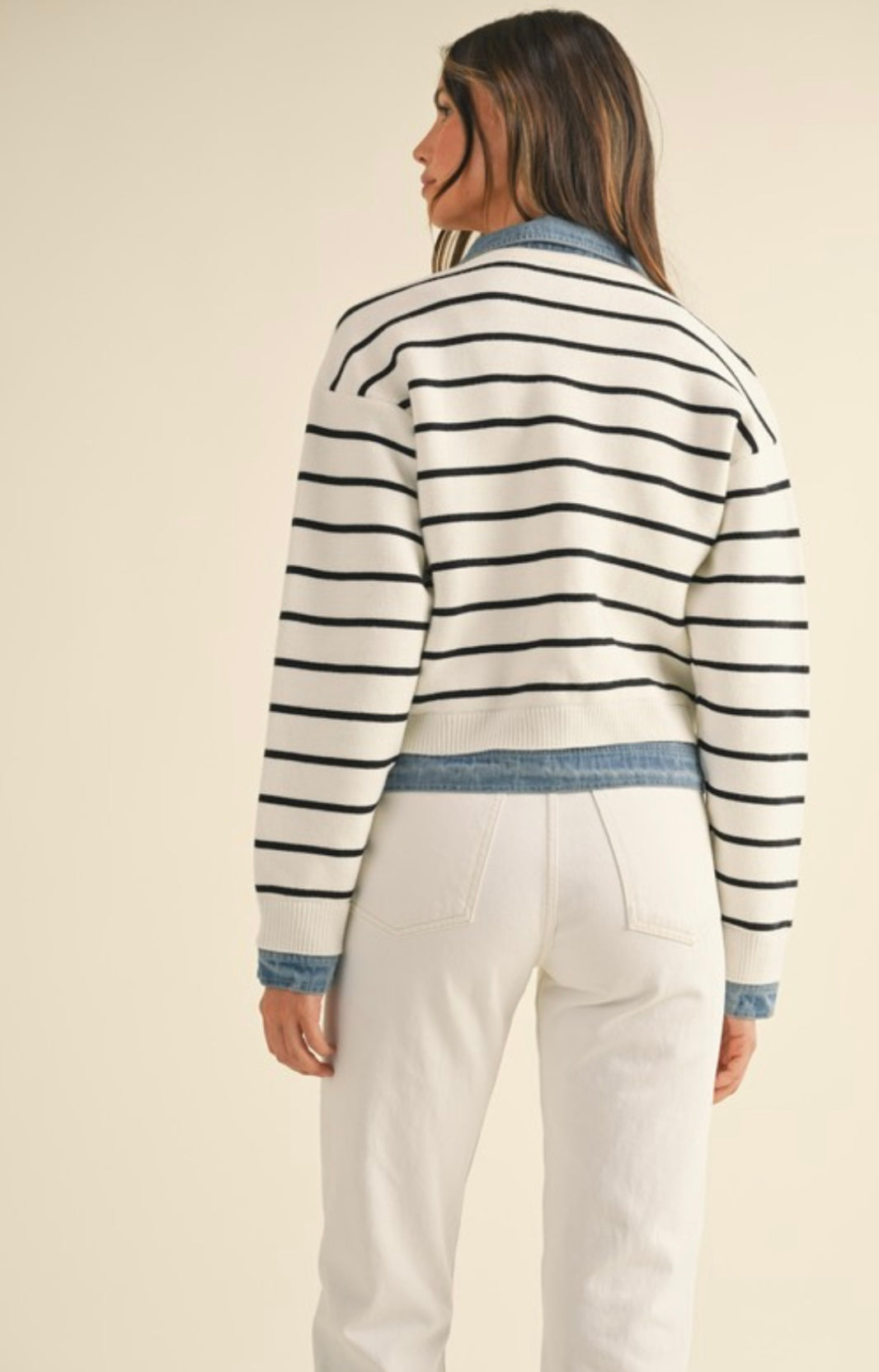 Cream Stripe Knit And Denim Cardigan