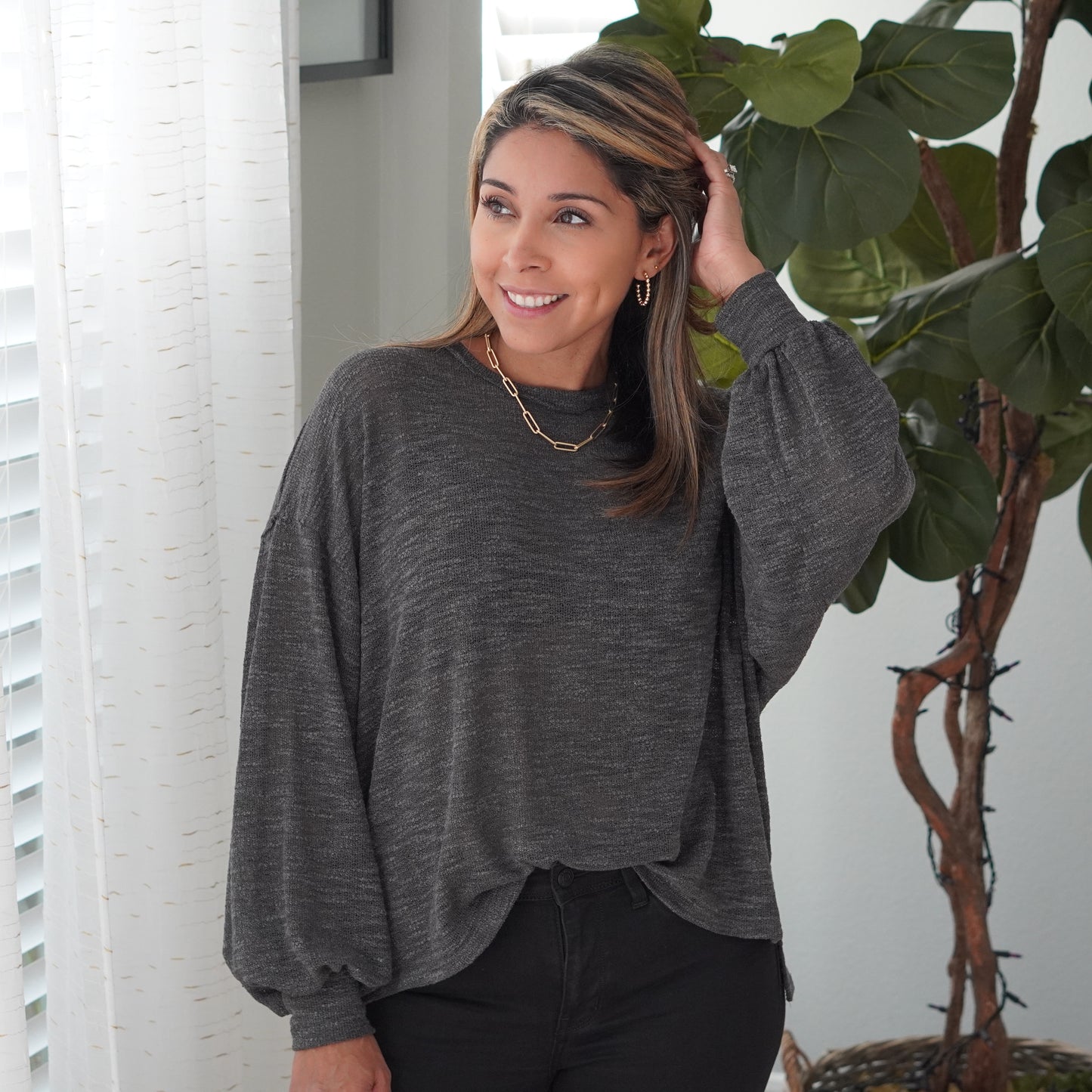 Charcoal Slub Knit Long Sleeve Top