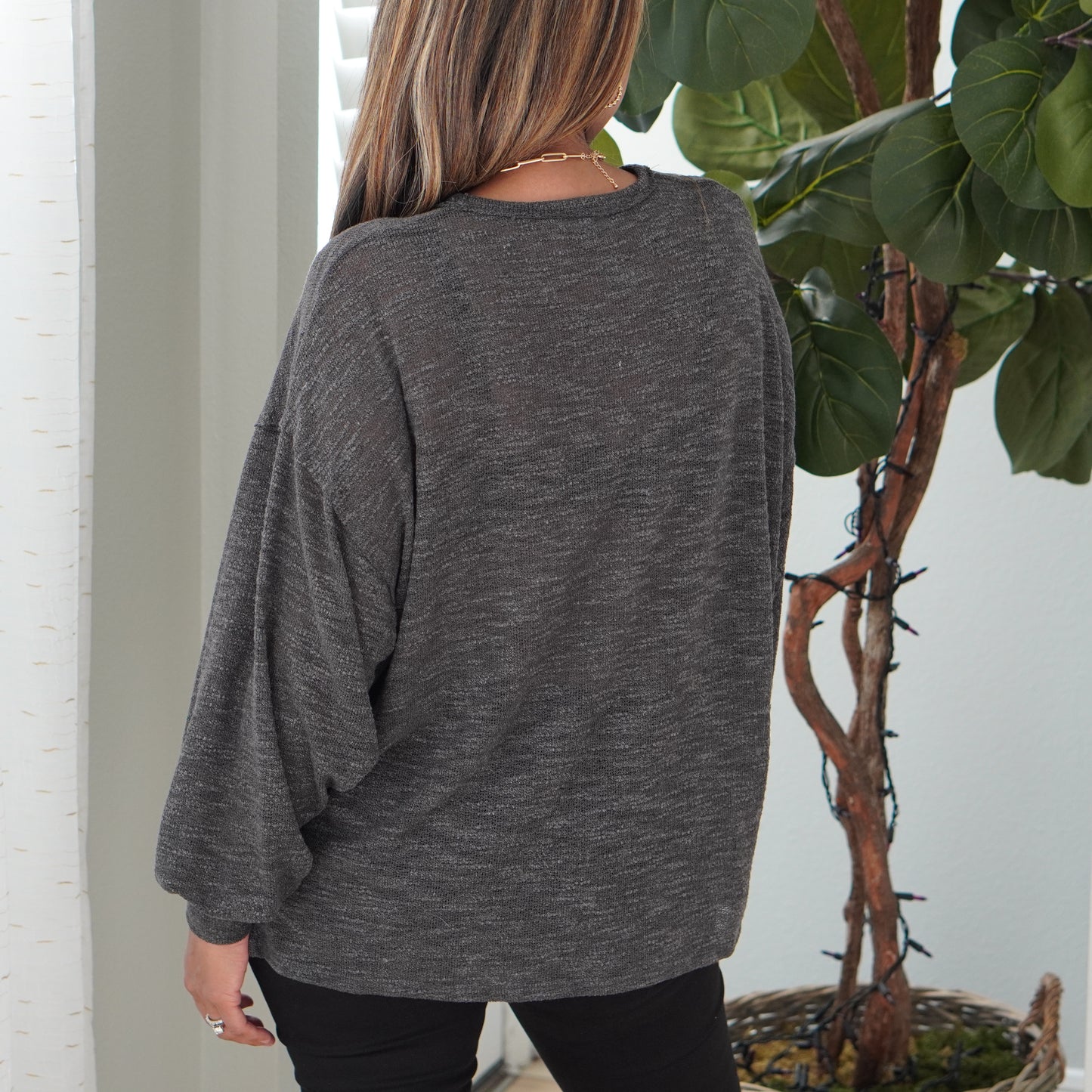 Charcoal Slub Knit Long Sleeve Top