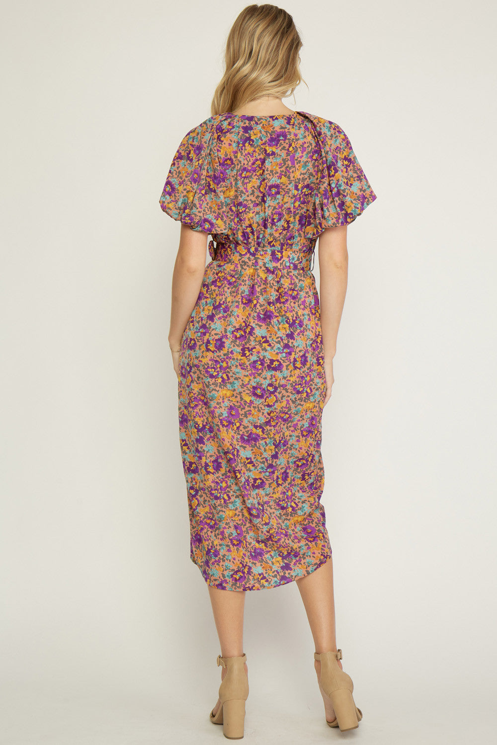 Peach Floral Print V-Neck Puff Sleeve Wrap Dress