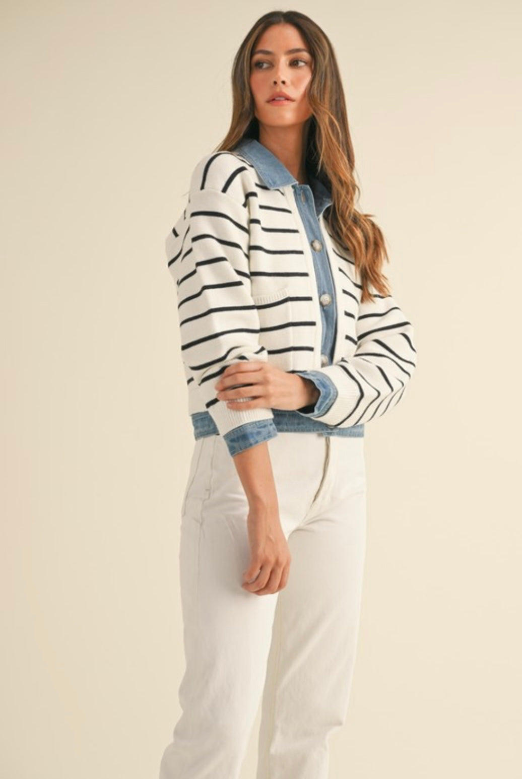 Cream Stripe Knit And Denim Cardigan