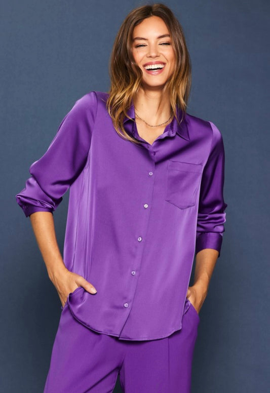 Grape Satin Button Down Top