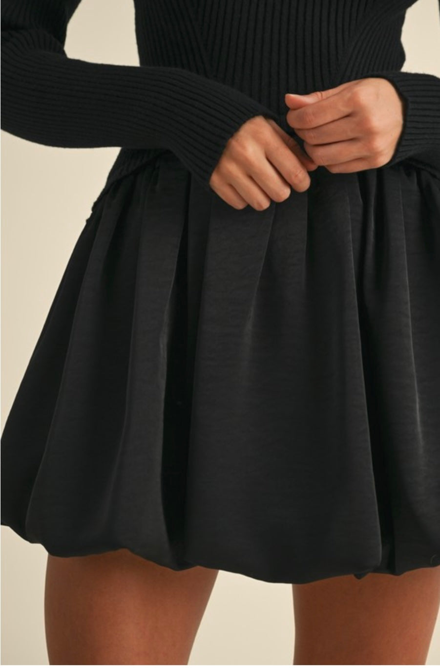 Black Ribbed Sweater Bubble Skirt Mini Dress