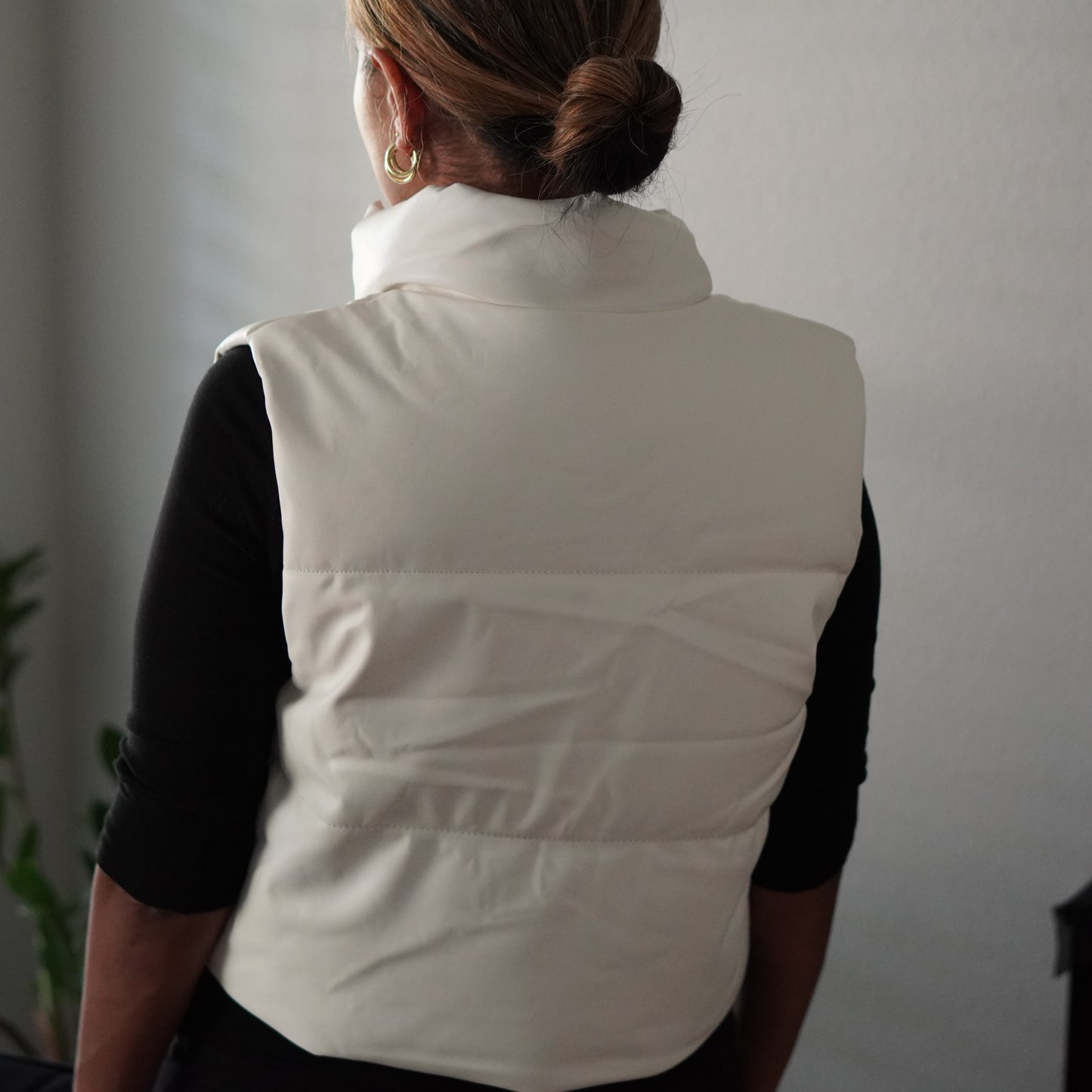 Ecru Cropped Faux Leather Puffer Vest