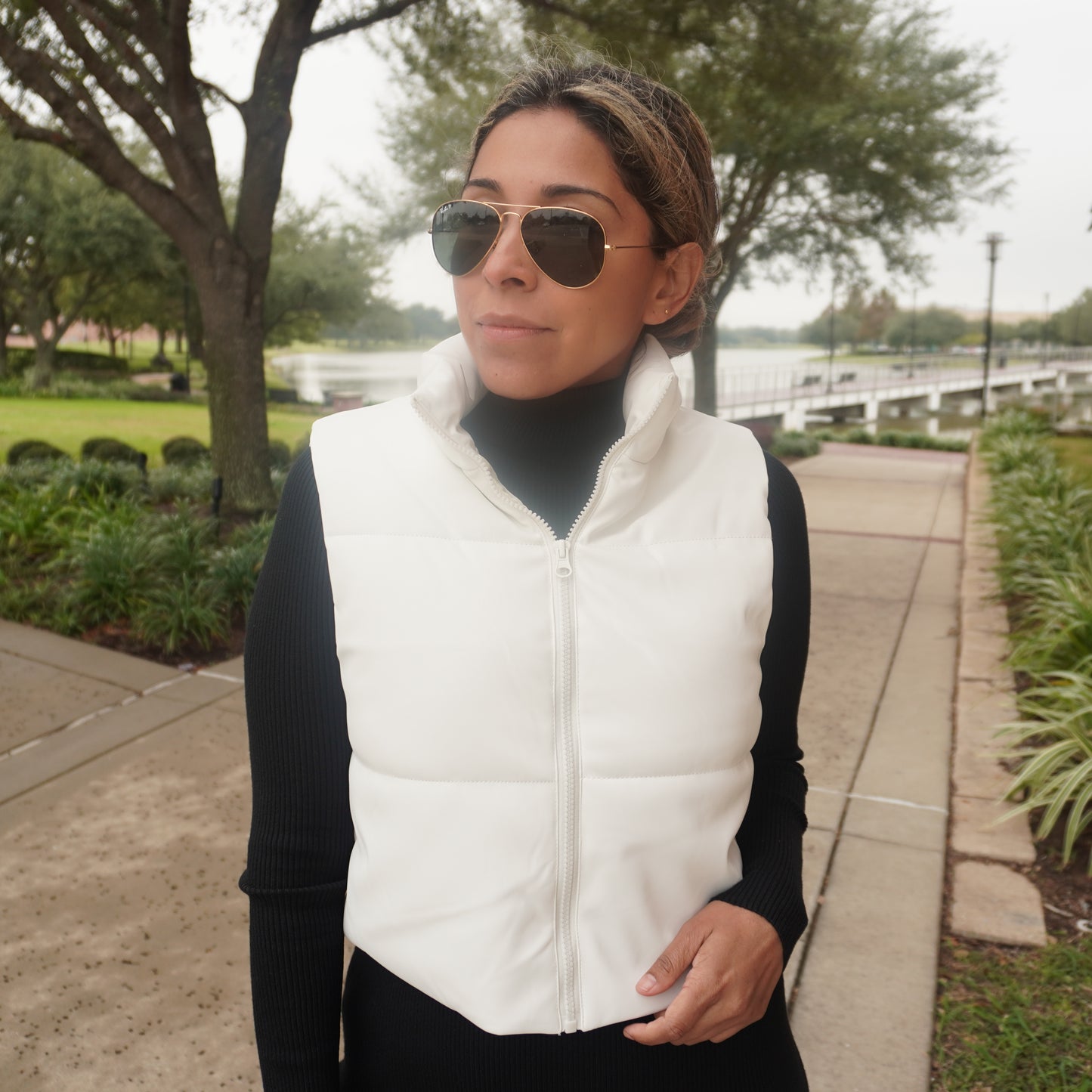 Ecru Cropped Faux Leather Puffer Vest