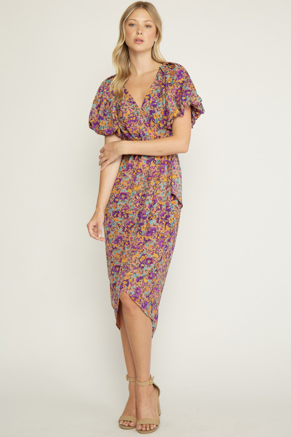 Peach Floral Print V-Neck Puff Sleeve Wrap Dress