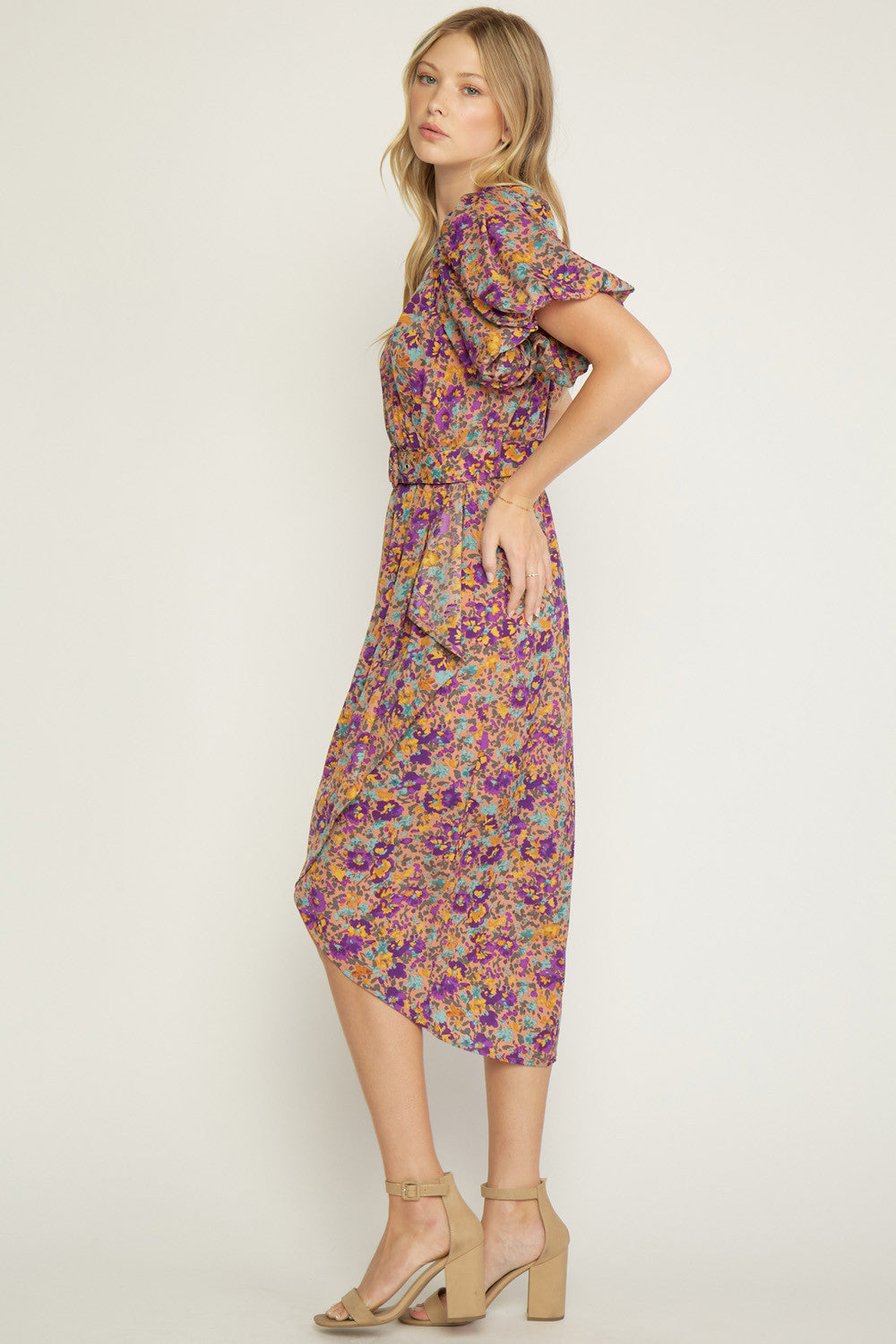 Peach Floral Print V-Neck Puff Sleeve Wrap Dress